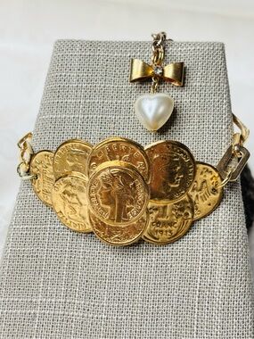 Handmade Gold Coin Bracelet with Pearl Heart Charm
